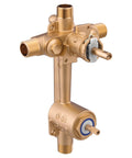 Heavy Duty Pressure Balancing Shower Valve With Snappy Three Function Transfer Diverter for Double Handle Trim Kits and Half Inch Connections.