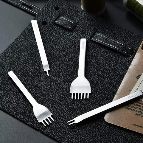 Leather Stitching Punch Kit With White Steel Prongs 5mm Pitch 1 2 4 6 Prong Tools on black leather background