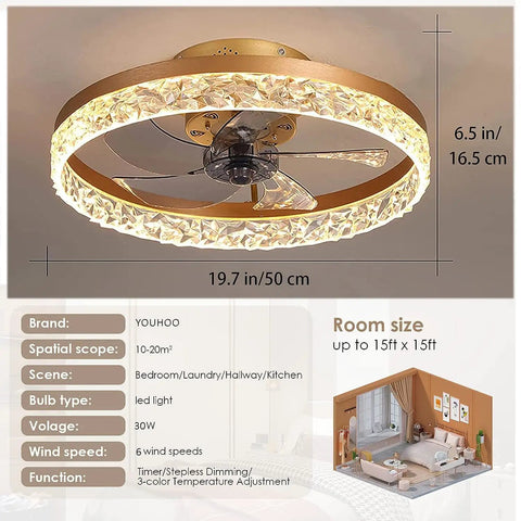 19.7 Inch Flush Mount Ceiling Fan With Lights Chandelier Style, view of reversible blades and crystal edging with remote control