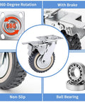 4 Pack 8 Inch Heavy Duty Swivel Caster Wheels, 2 With Brake And 2 Without, 360 Degree Ball Bearing Plate Casters, Anti Skid PU Wheels