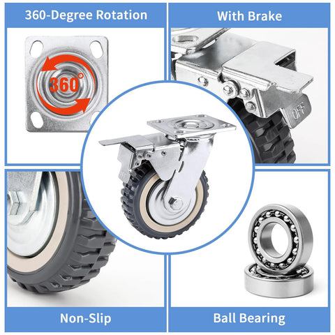4 Pack 8 Inch Heavy Duty Swivel Caster Wheels, 2 With Brake And 2 Without, 360 Degree Ball Bearing Plate Casters, Anti Skid PU Wheels