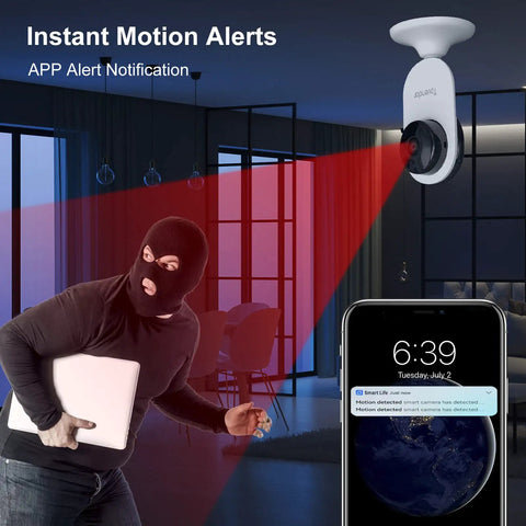Mini Smart Home Camera 1080P 2.4G WiFi Security Cam with burglar alert on phone, showing instant motion detection in action.
