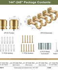 Package contents of telescoping one and one eighth inch curtain rod set with brackets, finials, and screws in brushed gold finish.