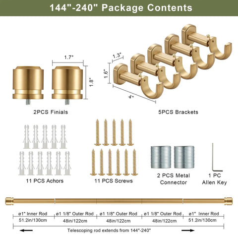 Package contents of telescoping one and one eighth inch curtain rod set with brackets, finials, and screws in brushed gold finish.