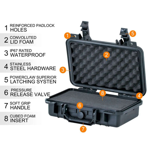 Rugged IP67 Waterproof Dry Box To Keep Your Cameras And Action Gear Toast From Water Hits Featuring Adjustable Foam Pad Inserts and heavy duty seals in matte black with open lid.