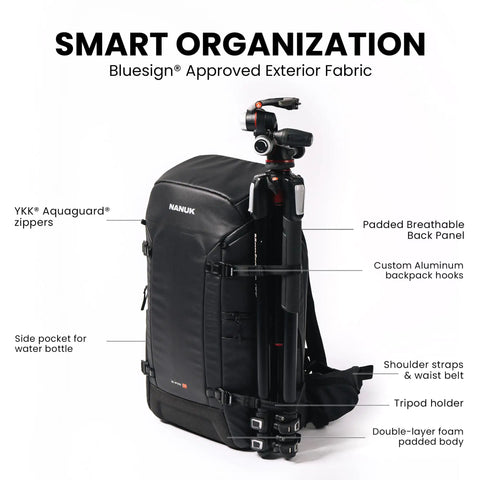 Side view of black 35L Camera Backpack For Photographers With Rain Cover And Water Repellent Protection, fits cameras and tripod.