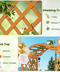 Natural Fir Wood Garden Arbor With Planter Boxes, Outdoor Trellis For Climbing Plants Like Roses And Vines shown with balloons and decor