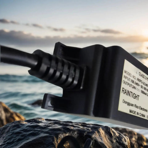 Close-up of a 24V DC 1A LED Power Supply, 24W Constant-Voltage Transformer, IP67 Waterproof, black casing near outdoor rocks.