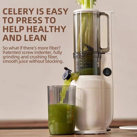 Aynefy 200W Cold Press Juicer With Wide Feed Chute For Whole Fruits extracting green juice into a glass with celery.