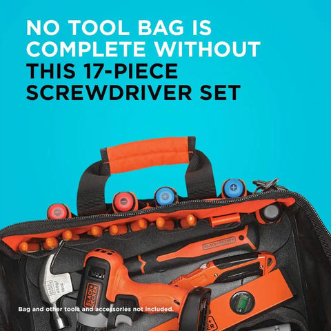 Open tool bag showcasing Magnetic Screwdriver Set 17 Piece With Secure Grip Magnetic Tips And Color Coded Handles For Easy Fastening No Slips Or Strips Ideal For Home DIY Projects And Quick Assembly.