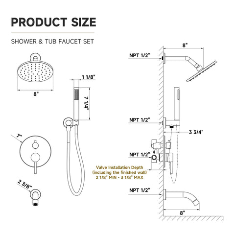 Totally Fire Premium All Metal Shower Faucet Set With Warm Gold Tone Eight Inch Rain Showerhead Curved Tub Spout Rust Proof Bathroom Hardware Upgrade