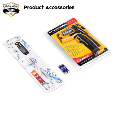 Infrared Non-Contact Thermometer With 12:1 Distance To Spot, packaging and meat probe display with batteries included