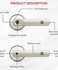 Smart Fingerprint Door Lock With Handle, Biometric Lock For Bedroom, Auto Lock, Slick Silver Finish, Keyless Entry diagram