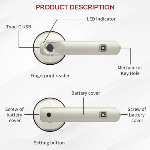 Smart Fingerprint Door Lock With Handle, Biometric Lock For Bedroom, Auto Lock, Slick Silver Finish, Keyless Entry diagram