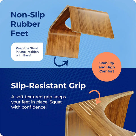 Non-slip rubber feet and slip-resistant grip on teak wood toilet stool, slim 7-inch height for natural pooping position upgrade.