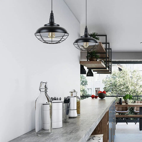 Sick Style Industrial Black Cage Plug In Pendant Light With Dimmable Switch Wall Outlet Fixture above kitchen countertop