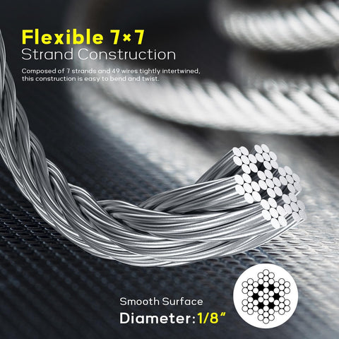 Close-up of Beefy 316 Stainless Steel Cable 500 Ft One Eighth Inch Aircraft Wire Rope for Deck Railing 7x7 strand