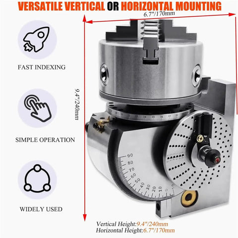 Built Like A Tank Cast Iron Dividing And Indexing Head With 3 Jaw Universal Chuck for Vertical and Horizontal Milling Machines, 9.4" tall.