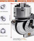 Heavy-Duty 6 Inch 3 Jaw Chuck Dividing Head Kit With Tailstock, Indexing Plates, Rotary Table showing vertical and horizontal mounting options.