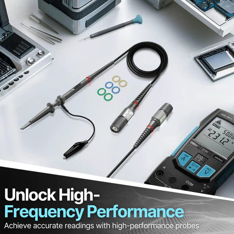2 Pack X1 X10 100MHz Oscilloscope Probe Clips With Free Accessory Kit, High Voltage 200V To 600V on a lab bench.