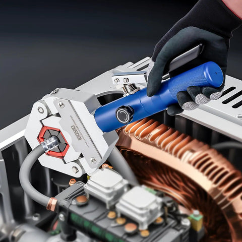 Hydra-Krimp 71500 Manual Air Conditioning Hose Crimper Kit in use, handheld hydraulic tool with blue handle on HVAC unit