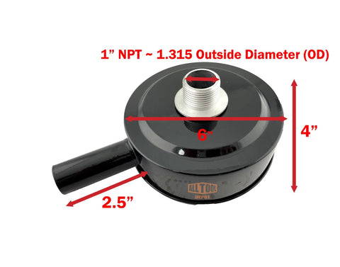 1 Inch NPT Air Compressor Intake Filter Silencer With Beefy Durable Metal Housing And Replaceable Filter Element For Quiet Operation Reduced Noise Clean Air, top view with dimensions