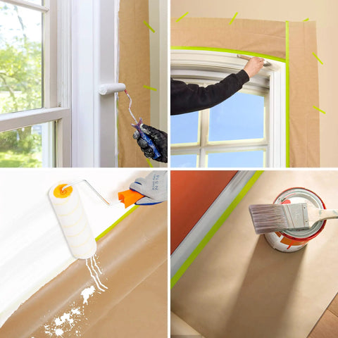 Masking Paper And Tape Set For Painting Projects 4 Rolls 50 Feet Each Assorted Sizes in use for window and trim protection during painting.