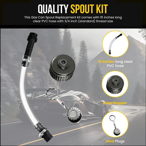 Clear 15 Inch Gas Can Spout Kit With PVC Tube, Rubber Hub, Stopper Cap And Vent Plug, Three Quarter Inch Standard Thread Kit