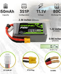 3S 11.1V 850mAh 80C LiPo Battery With XT30 Connector showing dimensions and specifications for RC FPV racing drones