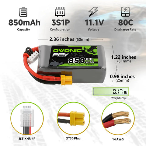 3S 11.1V 850mAh 80C LiPo Battery With XT30 Connector showing dimensions and specifications for RC FPV racing drones
