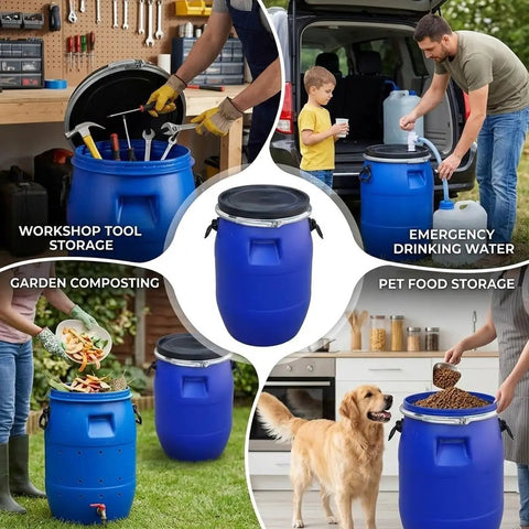 Go-To Outdoor Rain Barrel Rain Drum 30L 50L 60L 65L 100L 120L 160L 200L Blue Food Grade HDPE Plastic With Tight Lid Airtight Seal in use for storage.