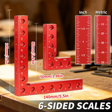 Woodworking Corner Clamps Set For Quick Dry Fit 8 Piece Right Angle Clamps with size markings on wooden table