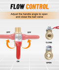 Flow control mechanism of Brass One Quarter Inch NPT Air Fittings Kit with ball valve handle in open and closed positions.