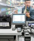 Retail counter with Ultra Fast Money Counter Machine With 1500 Bills Per Minute, Mixed Denominations, Advanced CIS UV IR MG MT Counterfeit Detection
