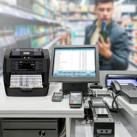 Retail counter with Ultra Fast Money Counter Machine With 1500 Bills Per Minute, Mixed Denominations, Advanced CIS UV IR MG MT Counterfeit Detection