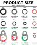Image showing sizes and quantities of metal gaskets from Comprehensive 139 Piece Car AC O Rings And Gasket Kit With Metal Gaskets And Sealing O Rings, Essential Auto Air Conditioning Seal Set For Ford And More, Durable Rubber And Metal Composite Seals For Quick Repairs.