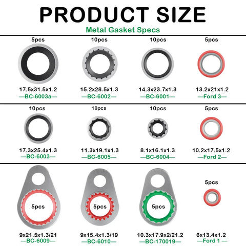 Image showing sizes and quantities of metal gaskets from Comprehensive 139 Piece Car AC O Rings And Gasket Kit With Metal Gaskets And Sealing O Rings, Essential Auto Air Conditioning Seal Set For Ford And More, Durable Rubber And Metal Composite Seals For Quick Repairs.