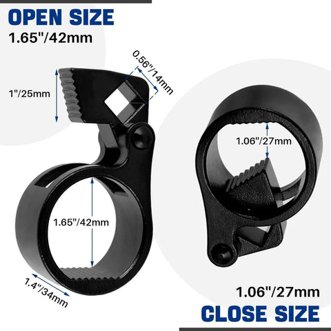 Inner Tie Rod Removal Tool Three Eighths Inch Drive Universal Low Profile Design showing open and close sizes for 27mm to 42mm ends.
