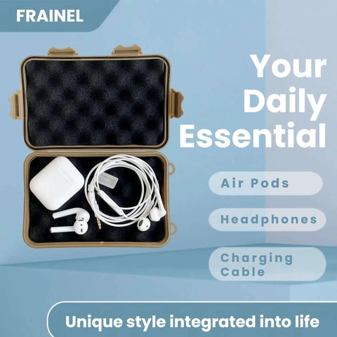 Rugged Hard Drive Case With Shockproof Foam And 4X Secure Lock For 2.5 Inch External SSDs And Backup Drives with AirPods and cables.