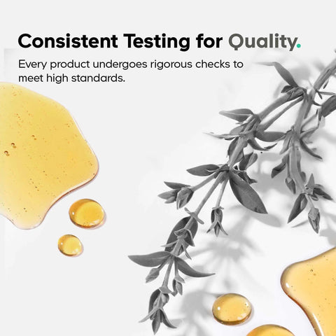 Liquid drops and plant sprig illustrating consistent quality testing for supplements.
