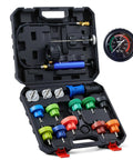 No Sweat 19 Piece Coolant Pressure Tester Kit For Quick Radiator Leak Detection With 15 Universal Vehicle Adapter Fittings in case.