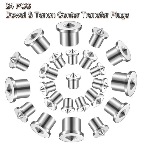 Pro Grade Dowel And Tenon Center Pins Set Features Twenty Four Pieces Across Six Exact Sizes in chrome steel for precise woodworking assembly.