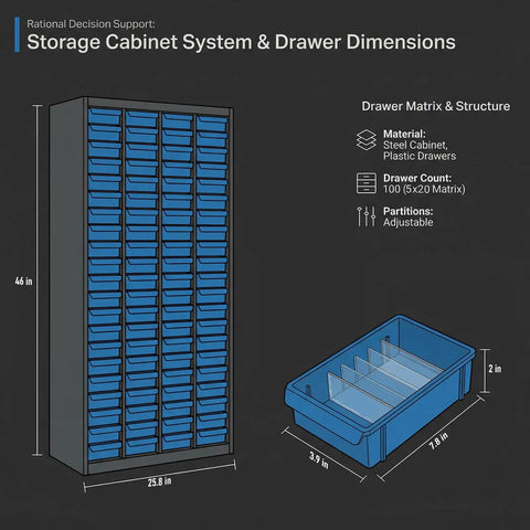 Diagram of 100 Drawer Parts Cabinet With Mega Capacity For Garage Shop Tools showing dimensions and drawer layout.