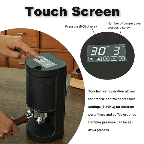 Heavy Duty Electric Coffee Tamper with touchscreen display for pressure settings and auto sensing espresso press functionality.
