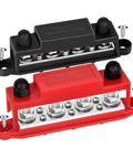 Top Shelf Heavy Duty Bus Bar Power Distribution Block Featuring Thick Tinned Copper Plates And Massive Stud Terminals For Flawless Two Hundred Fifty Amps Twelve Volt Solar Rv Automotive Battery Setup in black and red colors.