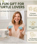 Blue Ceramic Sea Turtle Toilet Bolt Covers 2 Pack Quick Conceal Rusty Seat Bolts Coastal Bathroom Decor Upgrade, displayed by a smiling woman.