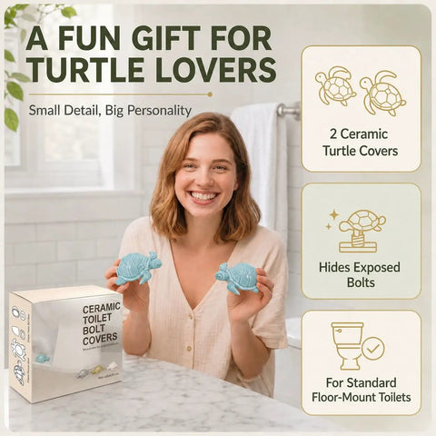 Blue Ceramic Sea Turtle Toilet Bolt Covers 2 Pack Quick Conceal Rusty Seat Bolts Coastal Bathroom Decor Upgrade, displayed by a smiling woman.