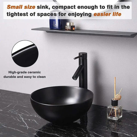 12-Inch Round Porcelain Vessel Sink For Bathroom Black Above Counter Vanity Basin With Pop Up Drain Industrial Modern Design