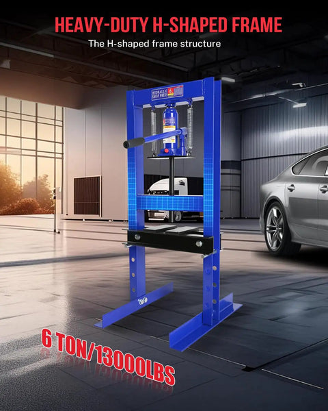 6 Ton Hydraulic Shop Press With Stamping Plates For Auto Repairs And Heavy Duty Bending And Straightening Bearings And U Joints On A Rugged Carbon Steel H Frame Ideal For Garage Floor Projects And Consistent Rebound, displayed in a garage setting.