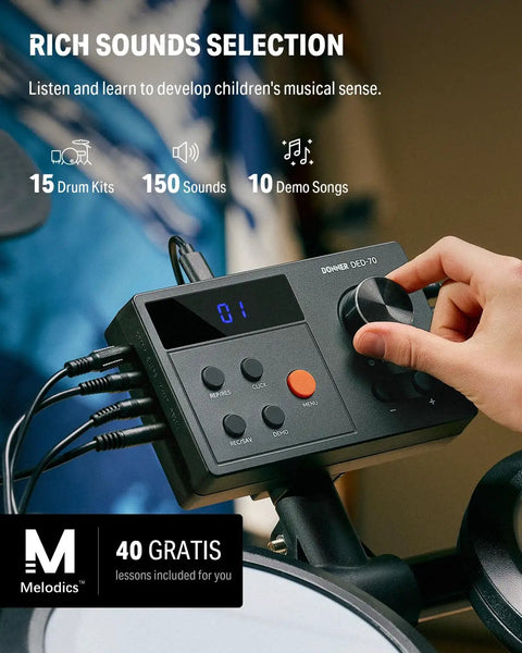 Hand adjusting control module of Starter Electronic Drum Kit For Beginners With 150 Sounds Quiet Mesh Pads Nine Inch Cymbals USB MIDI Type C Charging